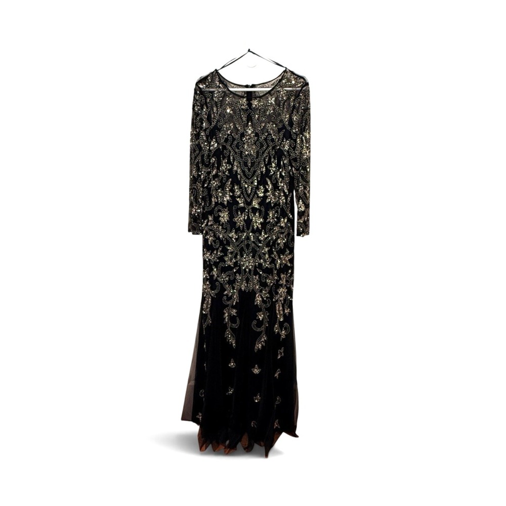 Adrianna Papell Gown Illusion Neckline Subtle Mermaid Flare Skirt 16 Midnight